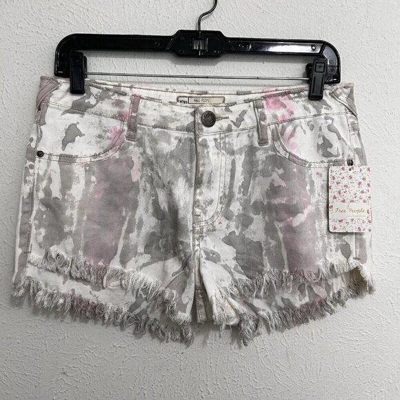 Free People White Denim Shorts Pink Grey Paint Splash Frayed High Waist Size 28 - Picture 1 of 8